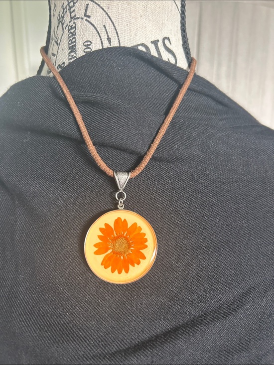 local Area Artist Jewelry - Orange Resin Flower Pendant Necklace with Brown Cord